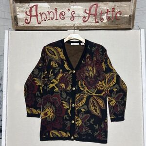 Vtg Chaus Women Black Red Fall Cardigan Sweater Button Down Wool Blend Sz S